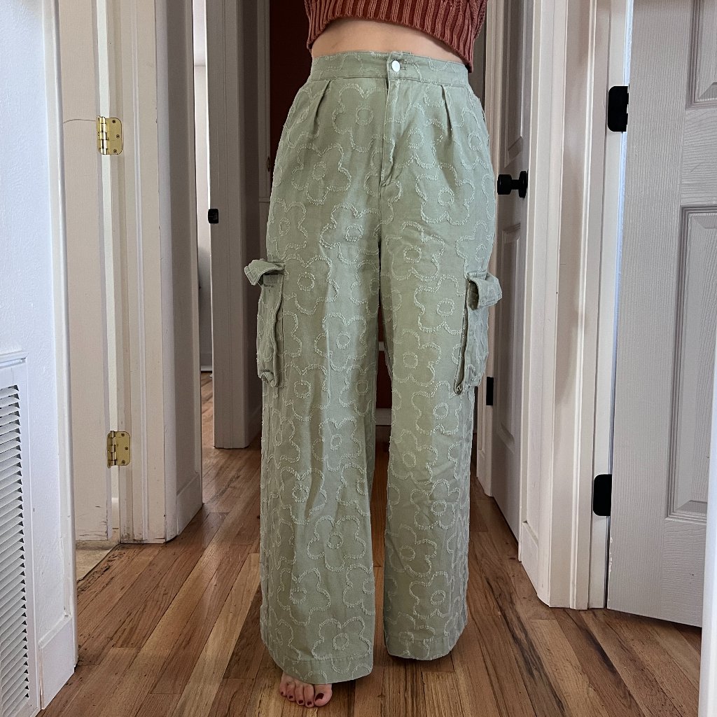 Paper Moon Green Flower Cargo Pants Small Wide Leg